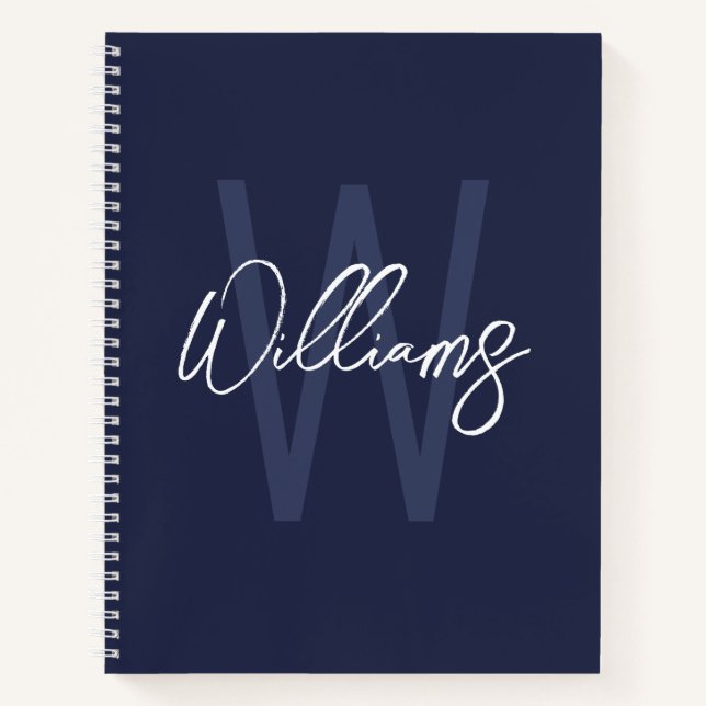 Navy Blue Script Personalised Monogram and Name Notebook (Front)