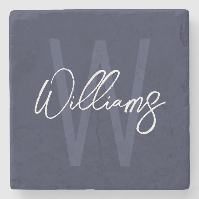 Navy Blue Script Personalised Monogram and Name Stone Coaster (Front)