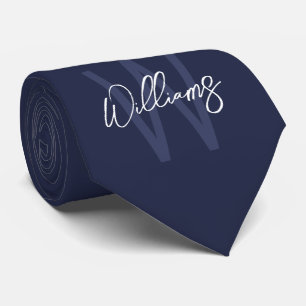 Navy Blue Script Personalised Monogram and Name Tie
