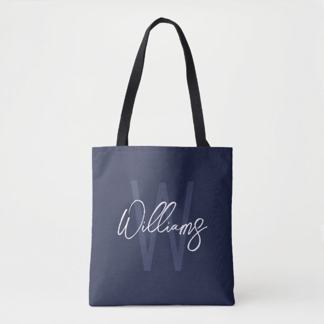 Navy Blue Script Personalised Monogram and Name Tote Bag (Front)
