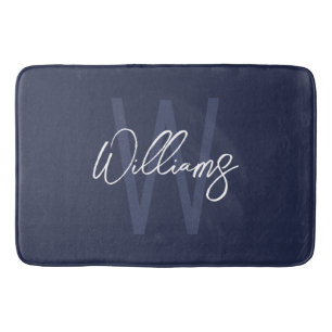 Navy Blue Script Personalized Monogram and Name Bath Mat