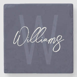 Navy Blue Script Personalized Monogram and Name Stone Coaster