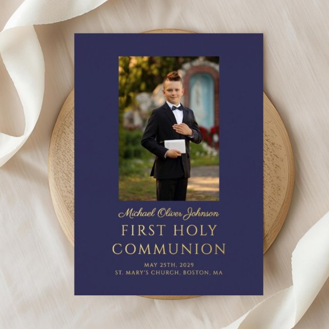Navy Blue Script Photo Boy First Holy Communion (Navy Blue Script Photo Boy First Holy Communion Foil Invitation)