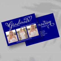 Navy Blue Script Photo Collage Graduation Card