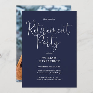 Navy Blue Script Photo Retirement Party Invitation