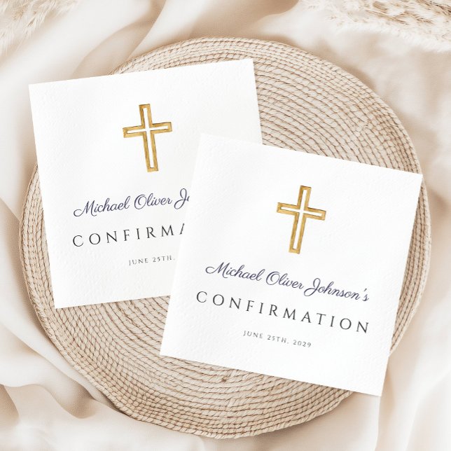 Navy Blue Script Religious Cross Boy Confirmation Napkin (Navy Blue Script Religious Cross Boy Confirmation Napkins)