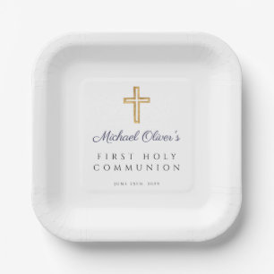 Navy Blue Script Religious Cross First Communion Paper Plate