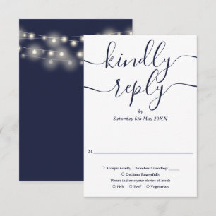 Navy Blue Script String Lights Wedding RSVP Card