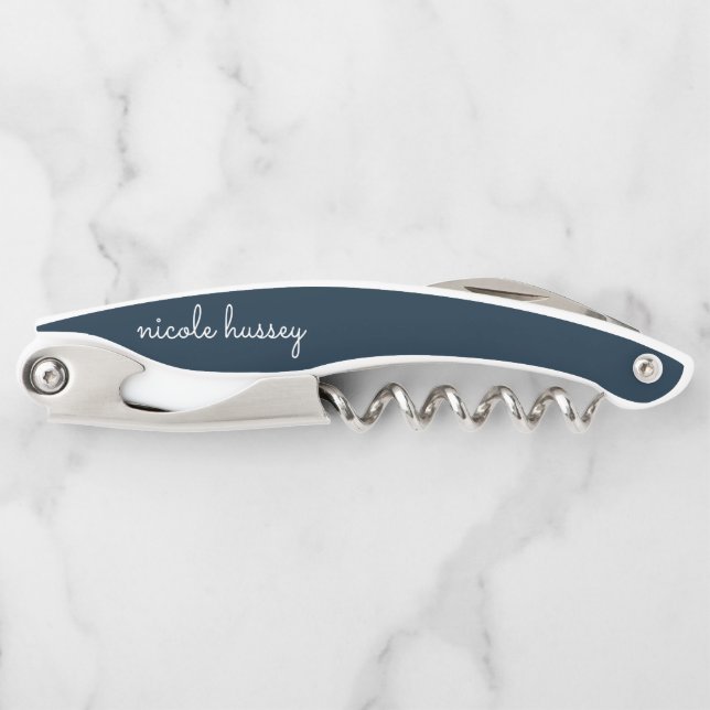 Navy Blue Script  | Stylish Monogram Modern Corkscrew (Front)