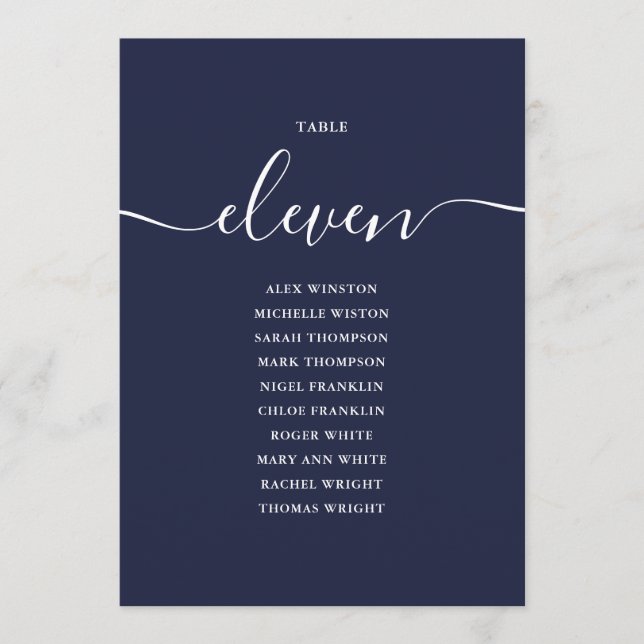 Navy Blue Script Table Number 11 Seating Chart (Front)