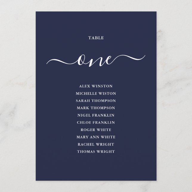 Navy Blue Script Table Number 1 Seating Chart (Front)