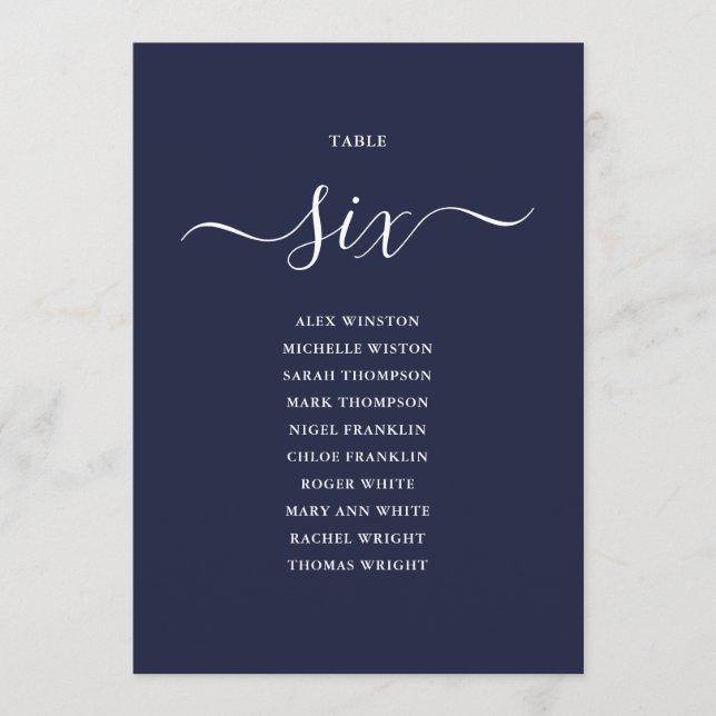 Navy Blue Script Table Number 6 Seating Chart (Front)