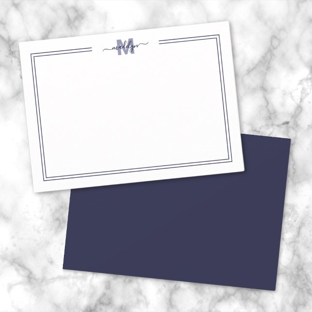 Navy Blue Script Two Border Monogram Card (Navy Blue Minimalist Two Border Monogram Note Card)