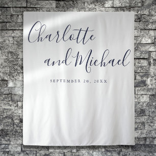 Navy Blue Script Wedding Photo Booth Backdrop Tapestry