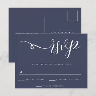 Navy Blue Script Wedding Response RSVP Postcard