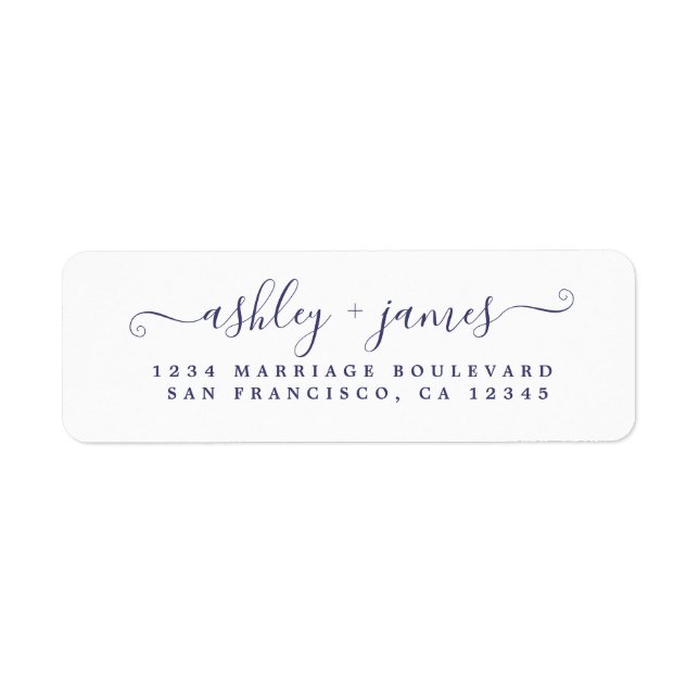 Navy Blue Script White Wedding Return Address Label (Front)
