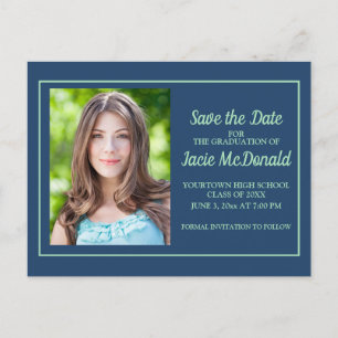 Navy Blue Sea Foam Green Graduation Save the Date Announcement Postcard