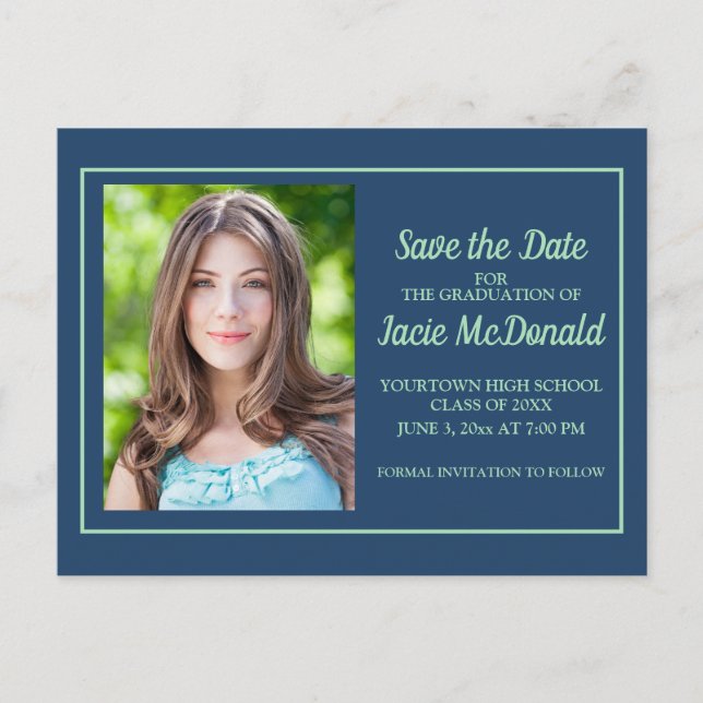 Navy Blue Sea Foam Green Graduation Save the Date Announcement Postcard (Front)