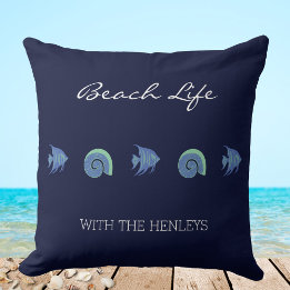 Navy Blue Sea Shells Fish Family Name Beach House Cushion