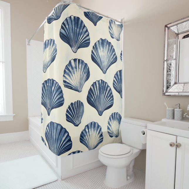 Navy Blue Sea shells pattern Shower Curtain (In Situ)
