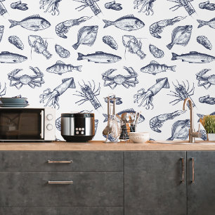 Navy Blue Seafood Pattern Kitchen Peel & Stick Wallpaper