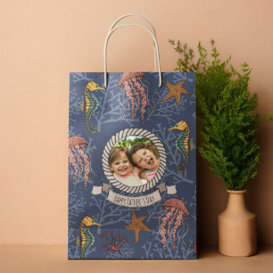 Navy Blue Seahorse Starfish Jellyfish Medium Gift Bag