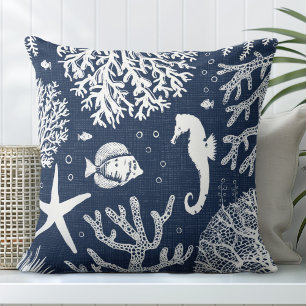 Navy Blue Seahorse Throw Pillow