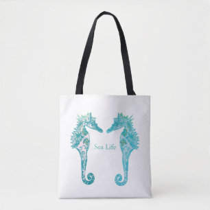 Navy blue seahorses Sea Life art drawing tote