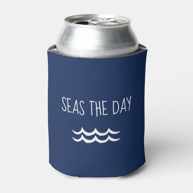 Navy Blue Seas the Day Waves Nautical Can Cooler (Can Front)
