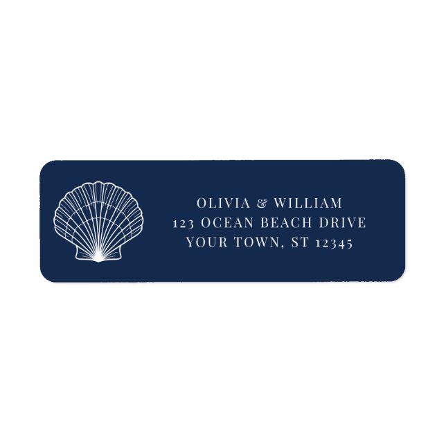 Navy Blue Seashell Beach Wedding Return Address Label (Front)