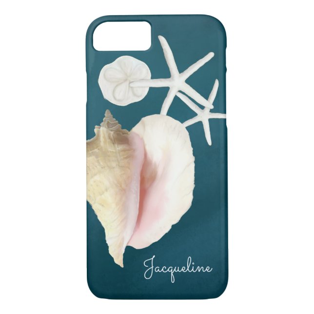 Navy Blue Seashell Modern Beach Conch Starfish Case-Mate iPhone Case (Back)