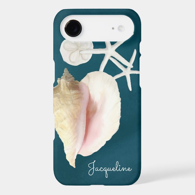 Navy Blue Seashell Modern Beach Conch Starfish Case-Mate iPhone Case (Back)