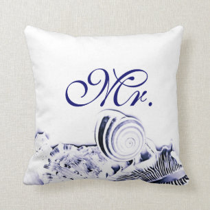 Navy Blue Seashells Mr. & Mrs. Pillow Set of Two