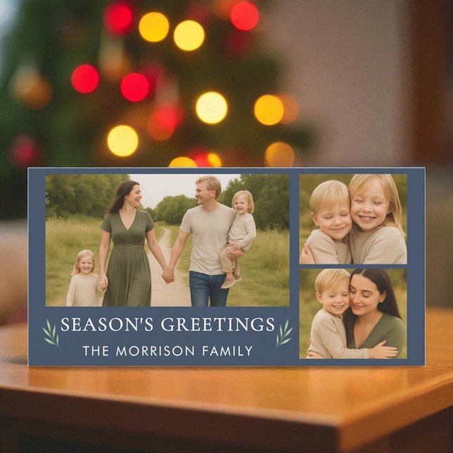 Navy Blue Season's Greetings Photo Botanical  Holiday Card (Creator Uploaded)