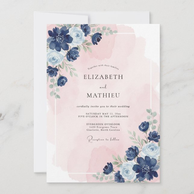 Navy Blue Serene Blossom Wedding Invitation (Front)