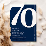Navy Blue Seventy 70th Birthday Party Invitation<br><div class="desc">Introducing a navy blue and white 70th birthday party invitation that seamlessly blends the old-world charm of the bold serif font number '70' with a modern,  user-friendly personalizable template. This invitation isn't just a card,  it's a meaningful keepsake to cherish the milestone of turning 70.</div>