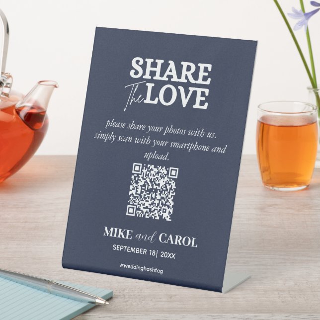 Navy Blue Share The Love Photo Qr Code Wedding Pedestal Sign (In SItu)
