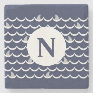 Navy Blue Shark Fin Monogram  Stone Coaster