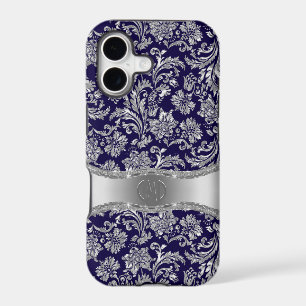 Navy Blue & Shiny Silver Floral Damasks