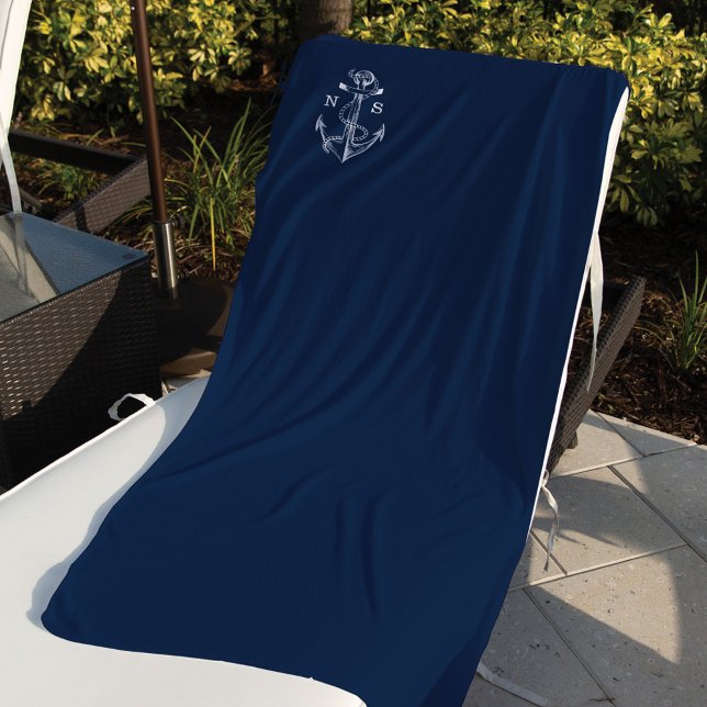 Navy Blue Ship Nautical Anchor & Rope Monogram Beach Towel (Creator Uploaded)