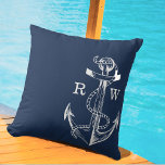 Navy Blue Ship Nautical Anchor & Rope Monogram Cushion<br><div class="desc">Trendy navy blue ship nautical & rope monogram pillow. Ship anchor with rope monogram emblem placed on the corner portion of the pillow for modern nautical themed design. The reverse side features a modern trendy navy and white stripe design. Illustrations hand-drawn artwork by Moodthology.</div>