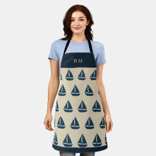 navy blue ship wheel & Monogram Beige Coastal home Apron
