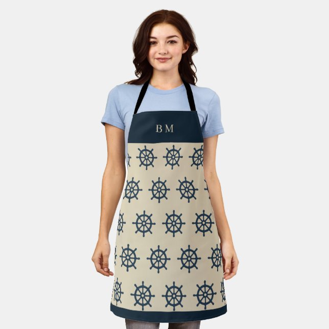 navy blue ship wheel & Monogram Beige Coastal home Apron (Worn)