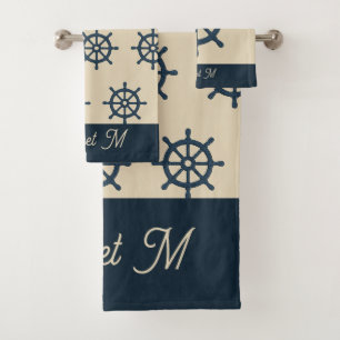 navy blue ship wheel & Monogram Beige Coastal home Bath Towel Set