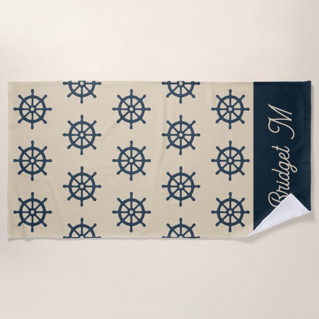navy blue ship wheel & Monogram Beige Coastal home Beach Towel (Front)