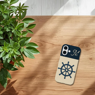 navy blue ship wheel & Monogram Beige Coastal home iPhone 16 Case