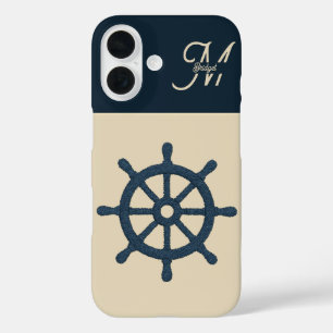 navy blue ship wheel & Monogram Beige Coastal home iPhone 16 Case