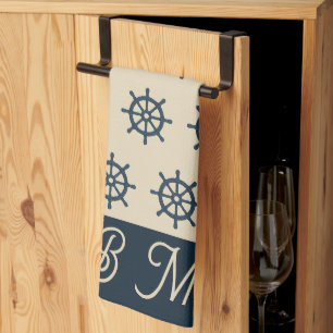 navy blue ship wheel & Monogram Beige Coastal home Tea Towel