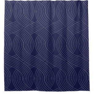 Navy Blue Shower Curtain, White Interlocking Lines Curtain
