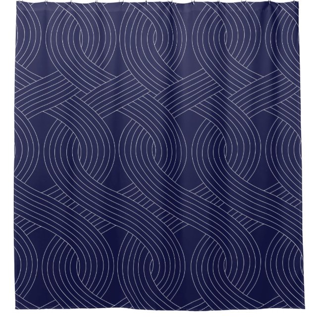 Navy Blue Shower Curtain, White Interlocking Lines Curtain (Front)